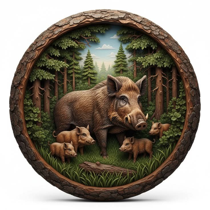 Wild Boar Family Forest Scene CNC Relief STL bas-relief STL — view 6