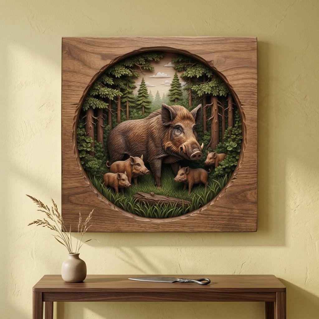 Wild Boar Family Forest Scene CNC Relief STL bas-relief STL — view 7