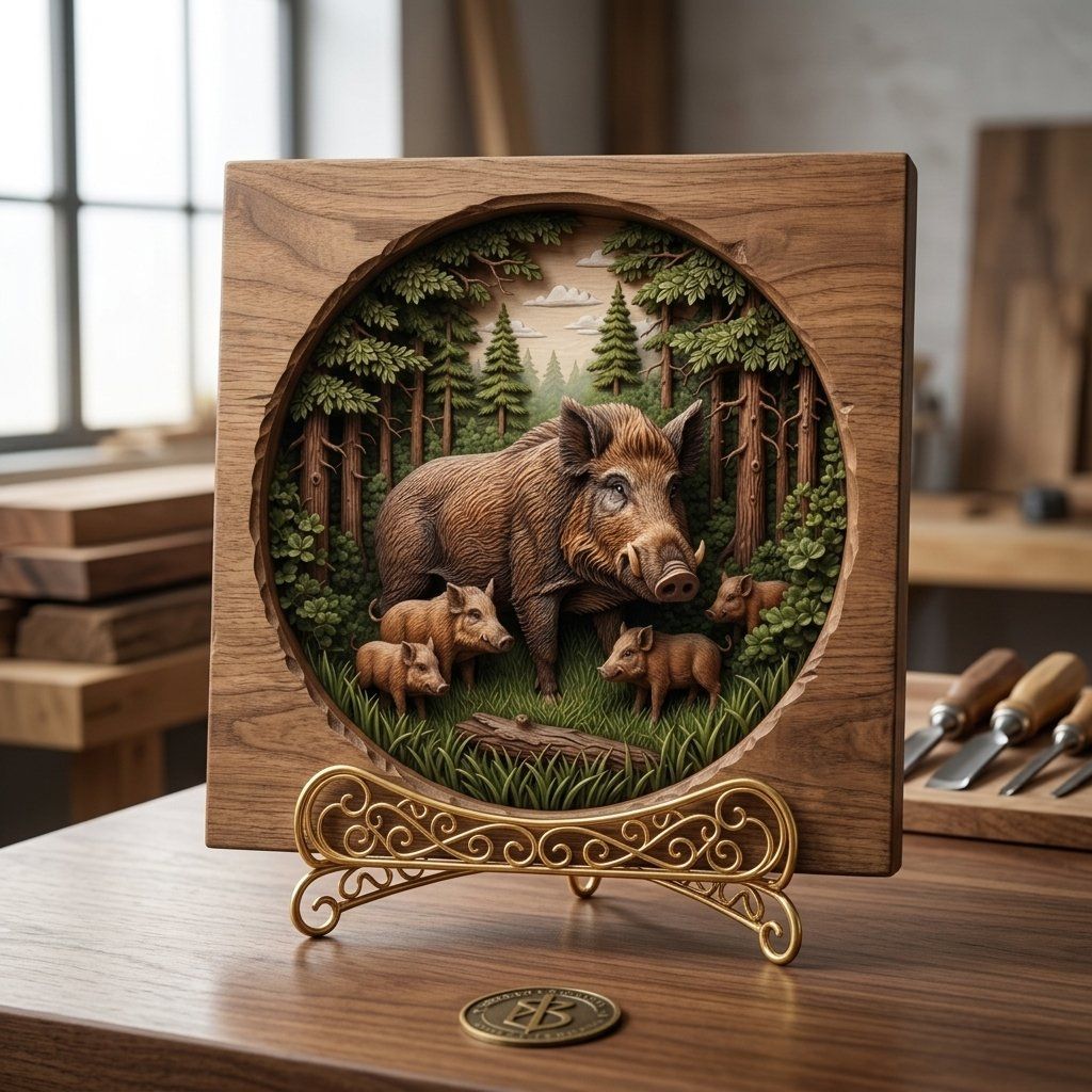 Wild Boar Family Forest Scene CNC Relief STL bas-relief STL — view 8