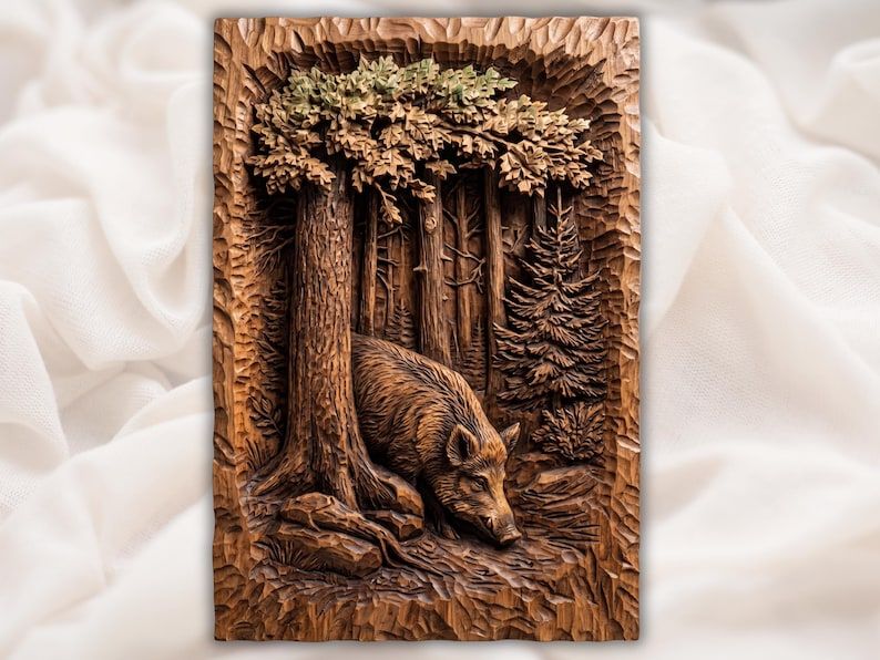 Carved wood bas-relief of a wild boar resting at the base of tall pine trees in a dense forest.
