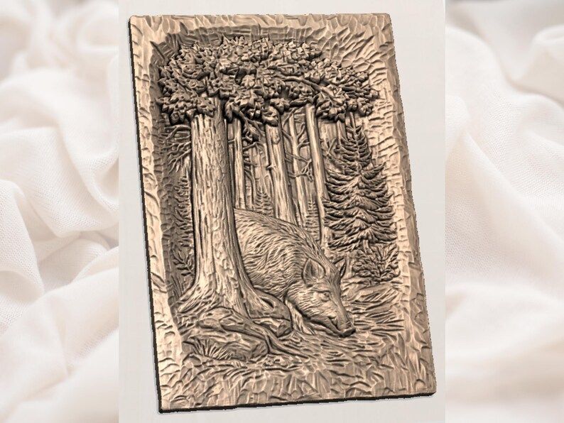 Wild Boar Beneath the Pines Forest Bas-Relief STL bas-relief STL — view 2