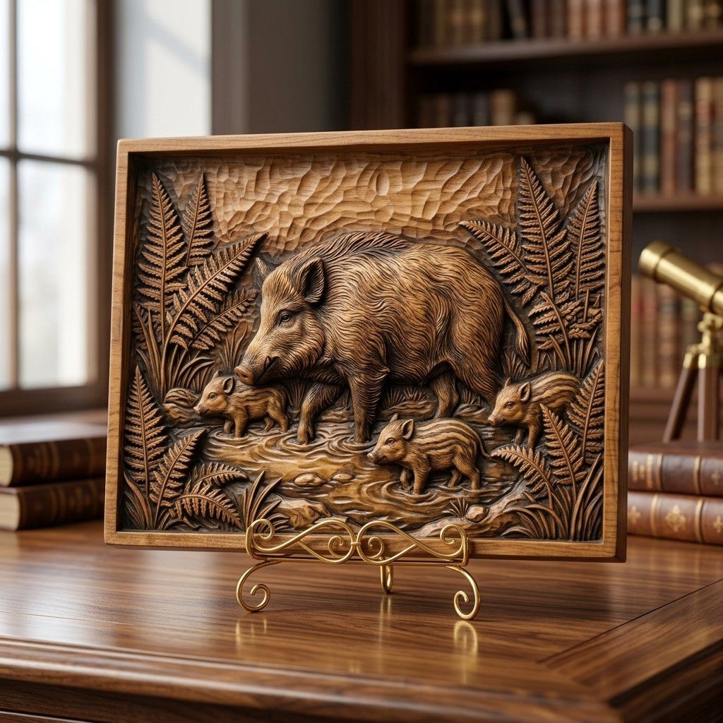 Wild Boar Forest Scene CNC Relief STL bas-relief STL — view 7