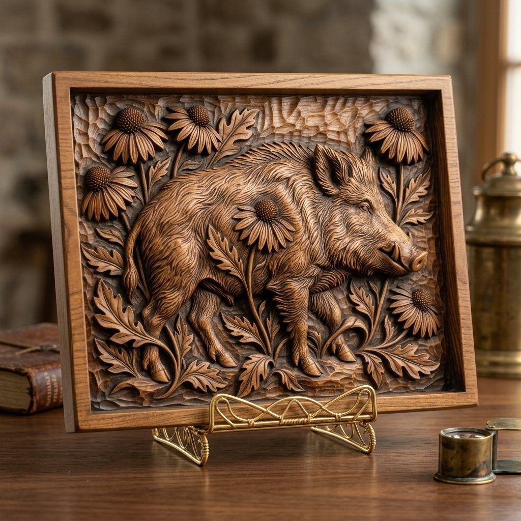 Wild Boar Forest Wildlife Scene CNC Relief STL bas-relief STL — view 6