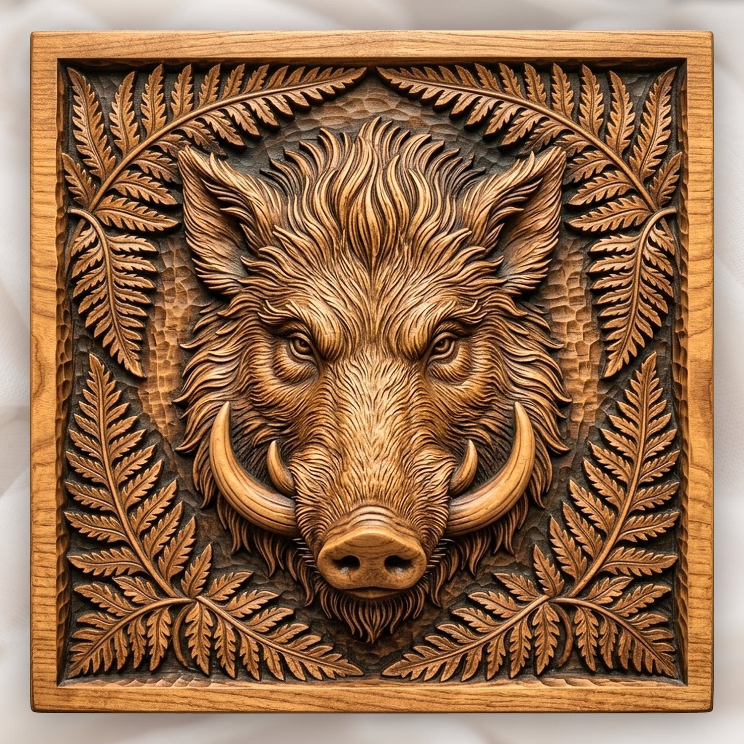 Wild Boar Head Forest Fern CNC Relief STL bas-relief STL design