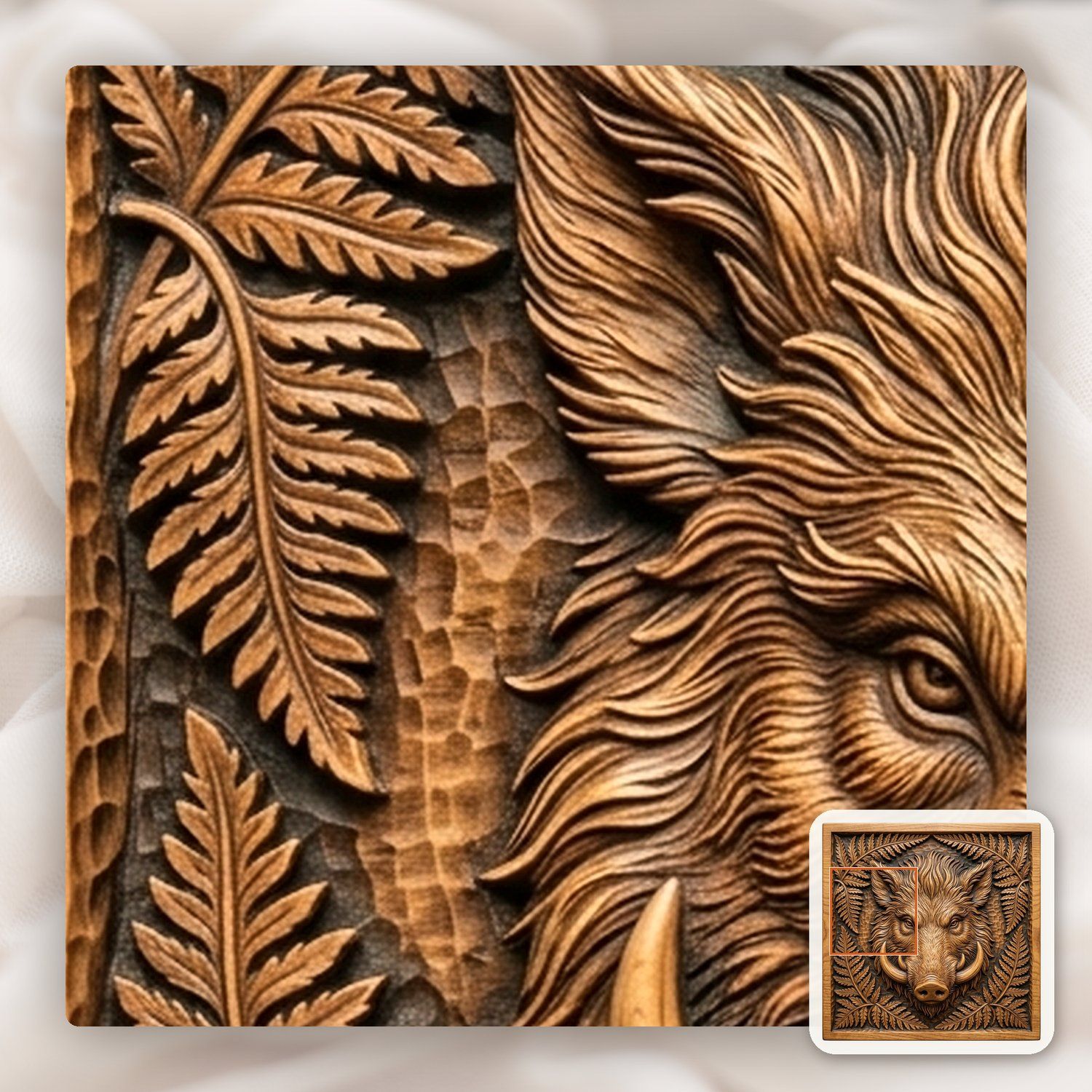 Wild Boar Head Forest Fern CNC Relief STL bas-relief STL — view 12