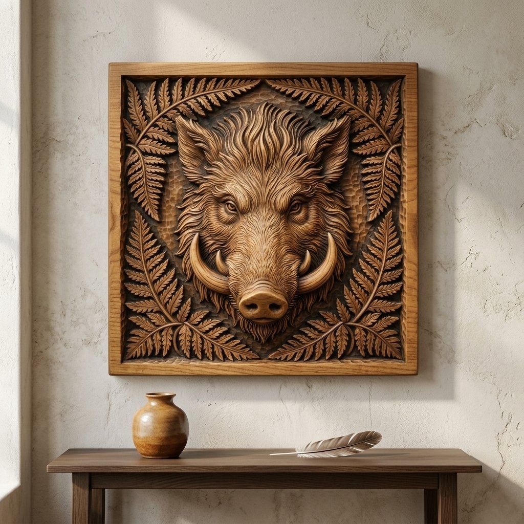 Wild Boar Head Forest Fern CNC Relief STL bas-relief STL — view 13