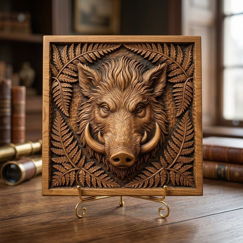 Wild Boar Head Forest Fern CNC Relief STL bas-relief STL — view 3