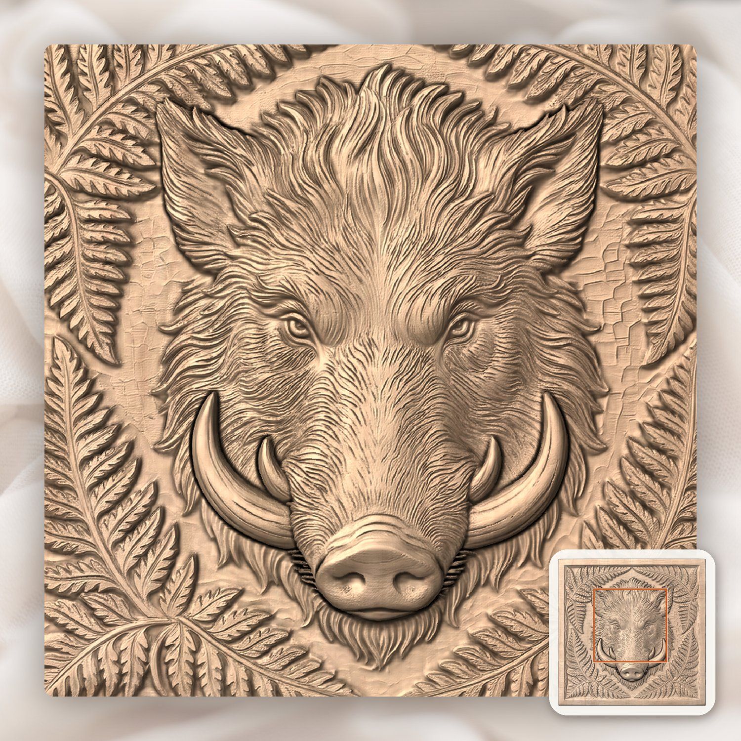 Wild Boar Head Forest Fern CNC Relief STL bas-relief STL — view 6