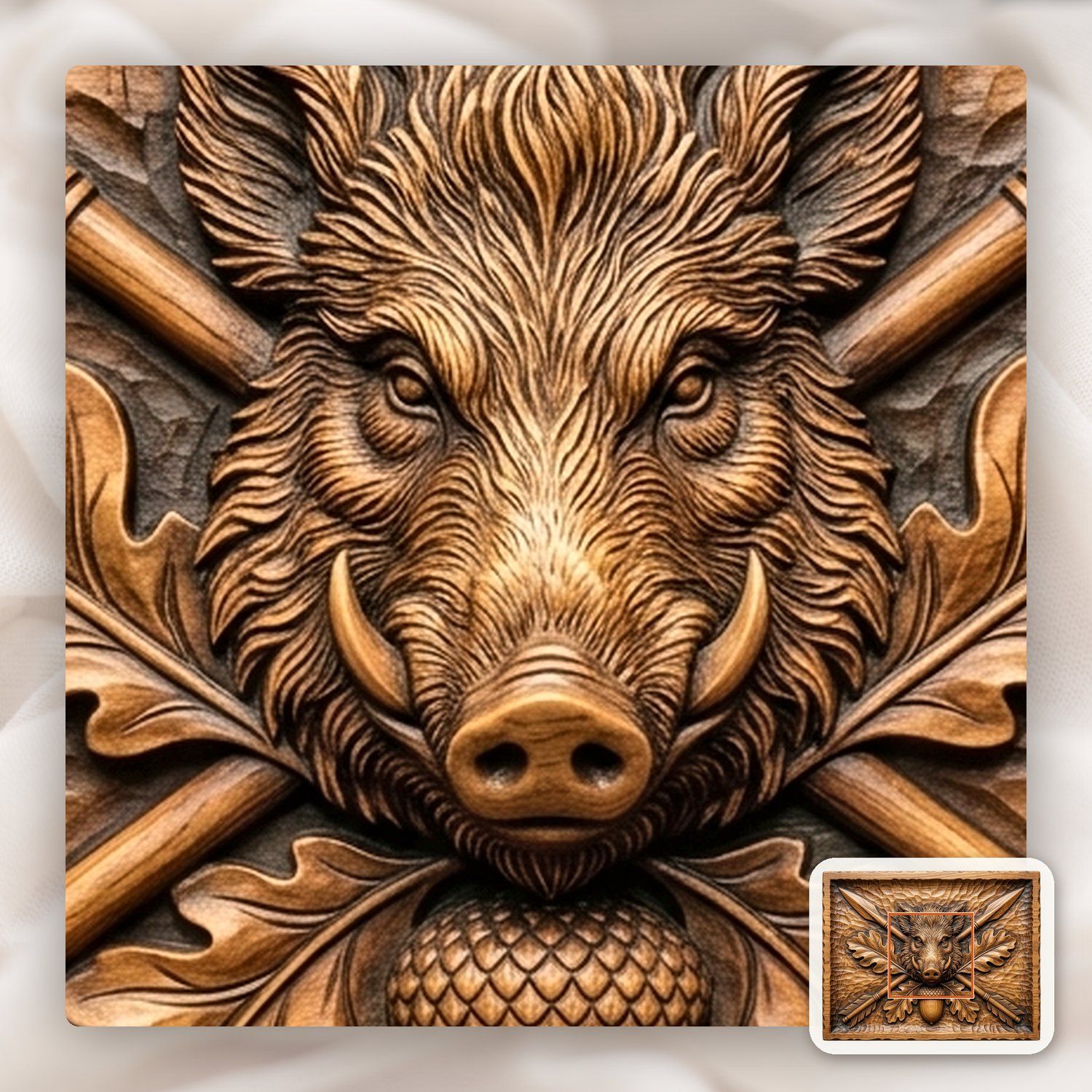 Wild Boar Head Oak Leaf CNC Relief STL bas-relief STL — view 11