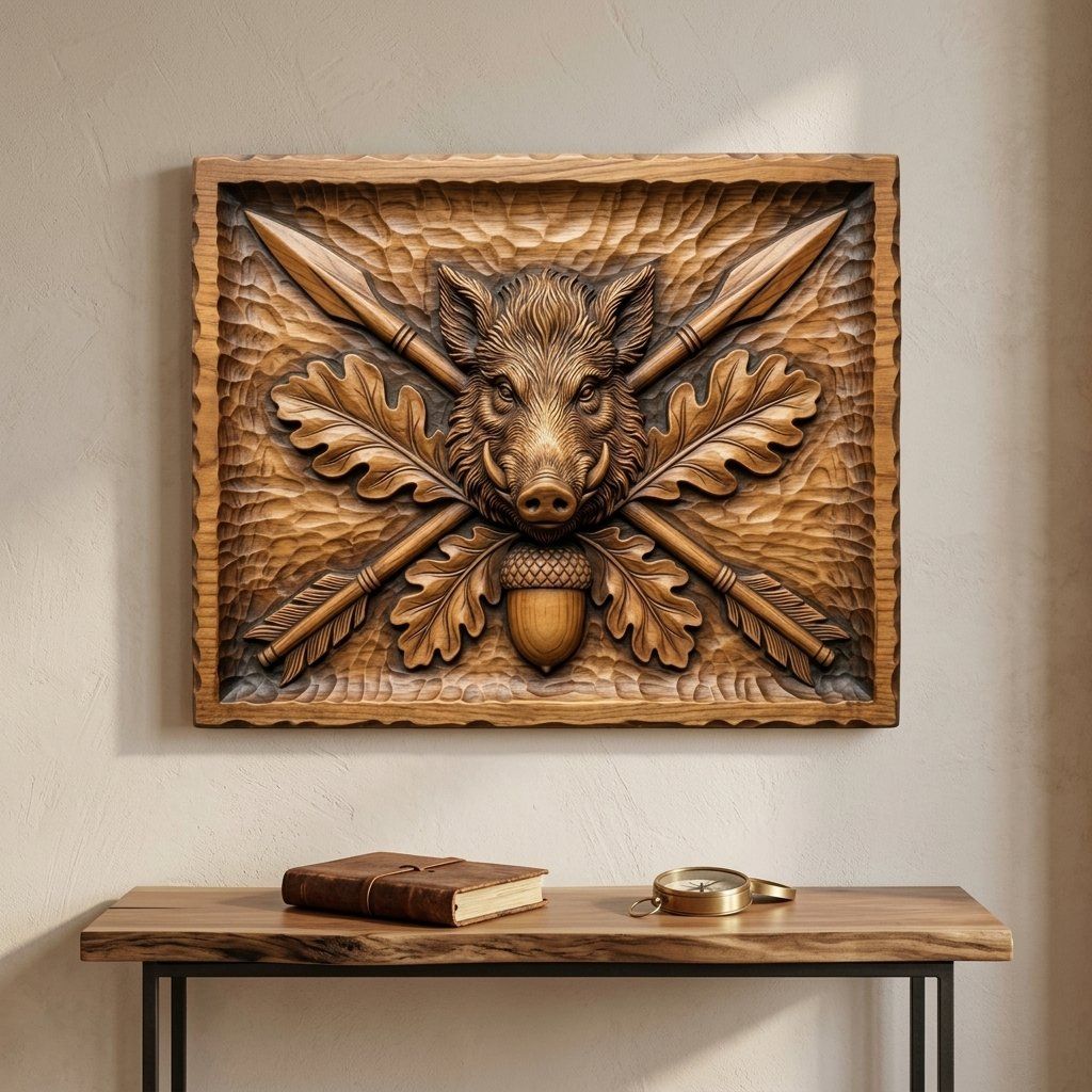 Wild Boar Head Oak Leaf CNC Relief STL bas-relief STL — view 13