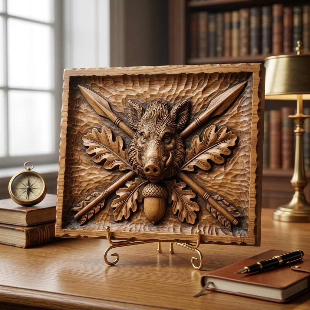 Wild Boar Head Oak Leaf CNC Relief STL bas-relief STL — view 4