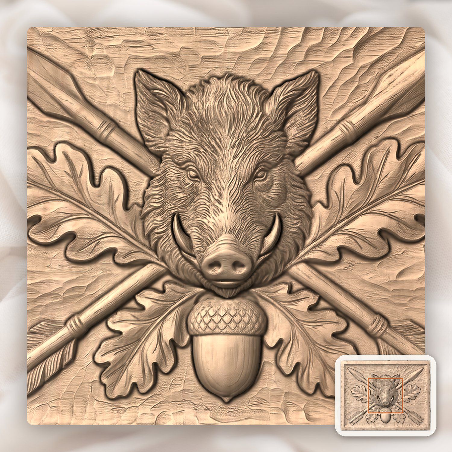 Wild Boar Head Oak Leaf CNC Relief STL bas-relief STL — view 6