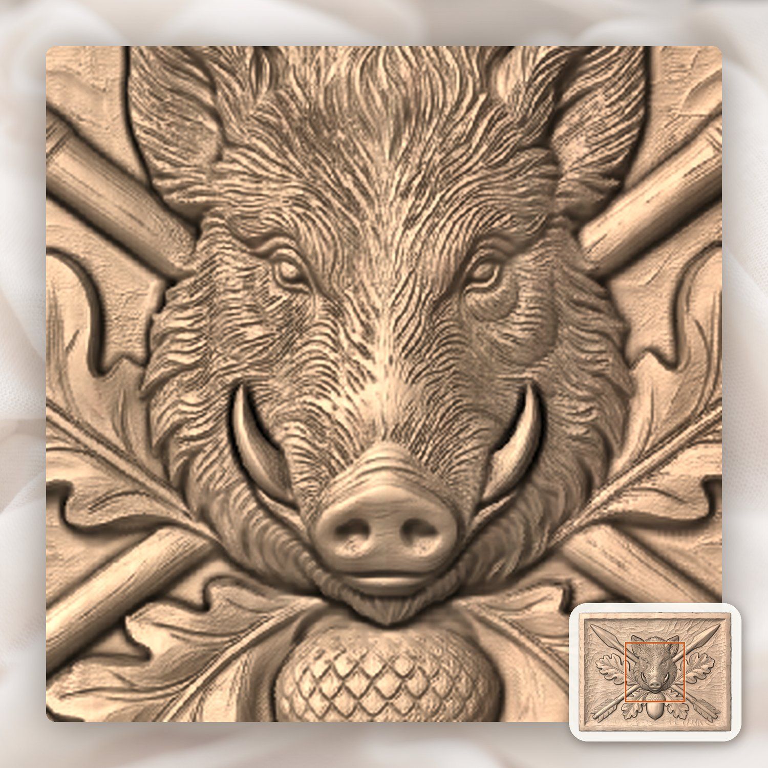Wild Boar Head Oak Leaf CNC Relief STL bas-relief STL — view 7
