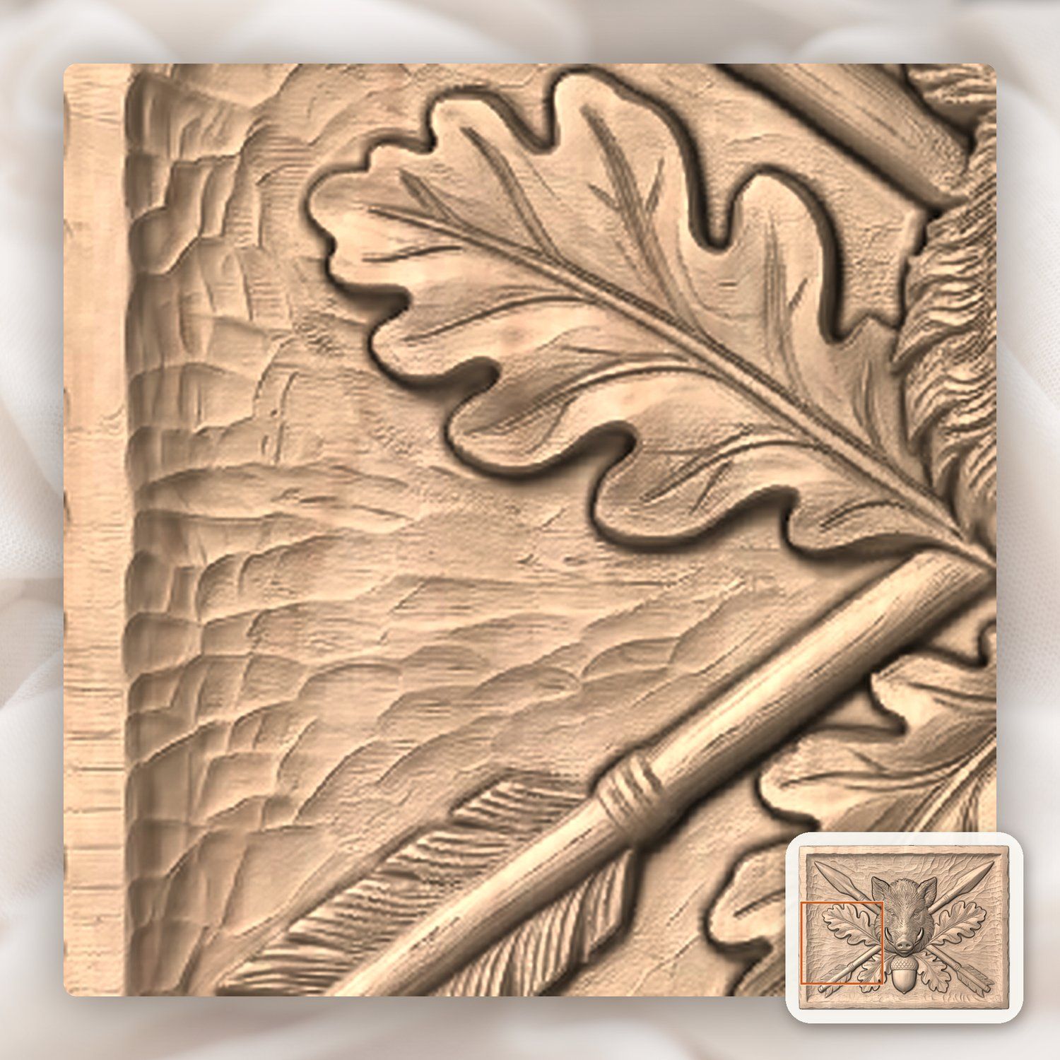 Wild Boar Head Oak Leaf CNC Relief STL bas-relief STL — view 8