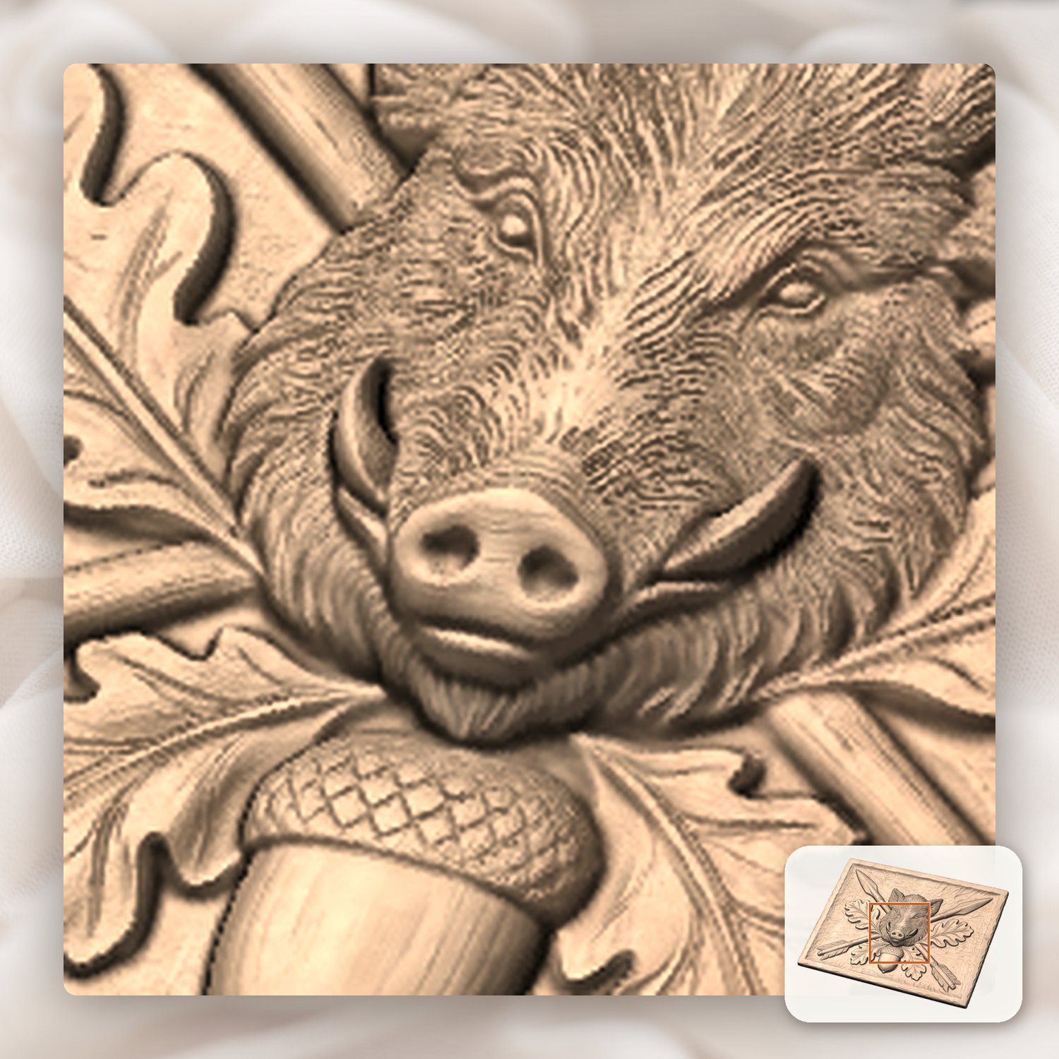 Wild Boar Head Oak Leaf CNC Relief STL bas-relief STL — view 9
