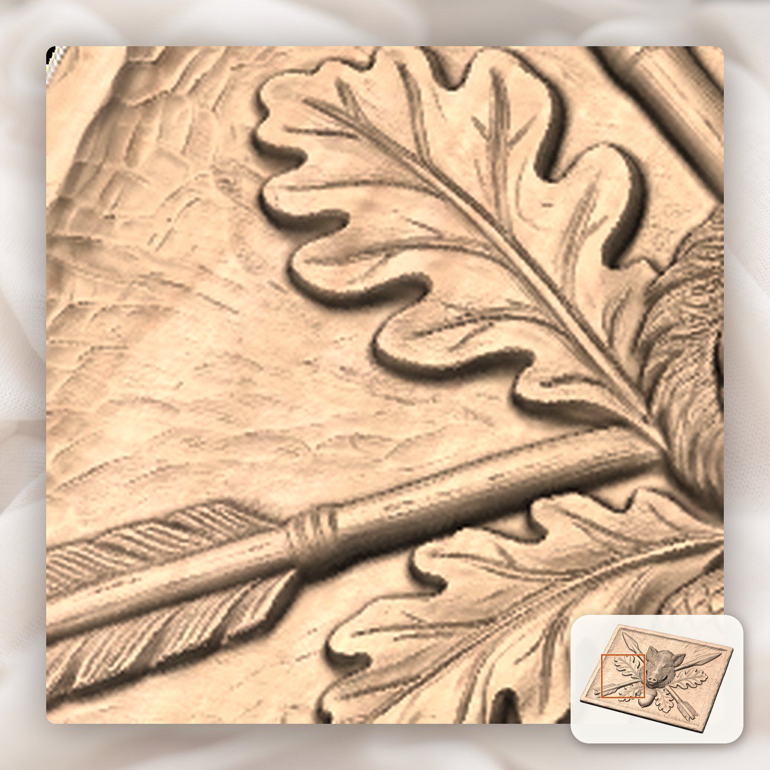 Wild Boar Head Oak Leaf CNC Relief STL bas-relief STL — view 10