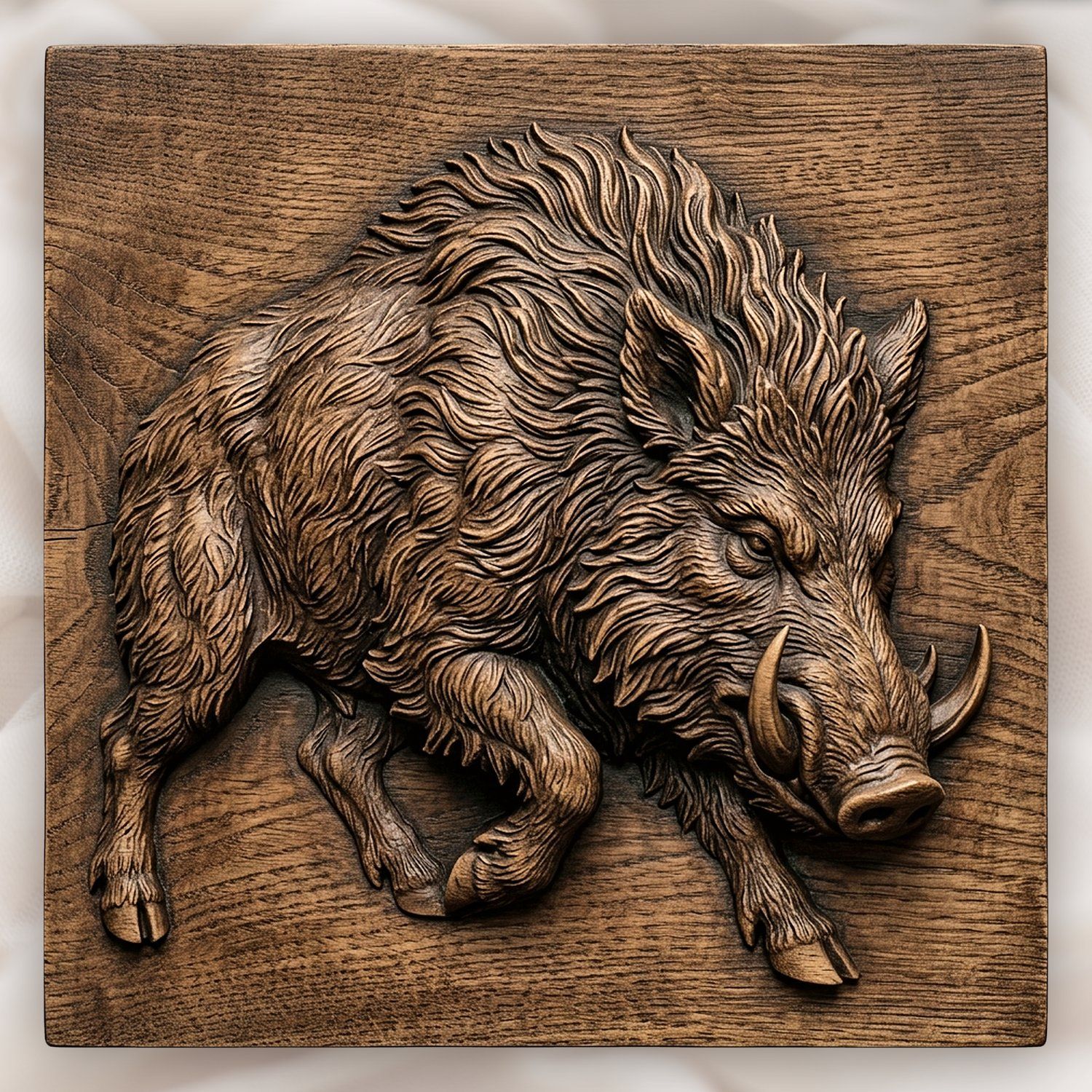 Wild Boar Hog Charging Forest Wildlife CNC Relief STL | Hunting Lodge Wall Art Decor | Rustic Animal Wood Carving Panel — carved bas relief STL file for CNC