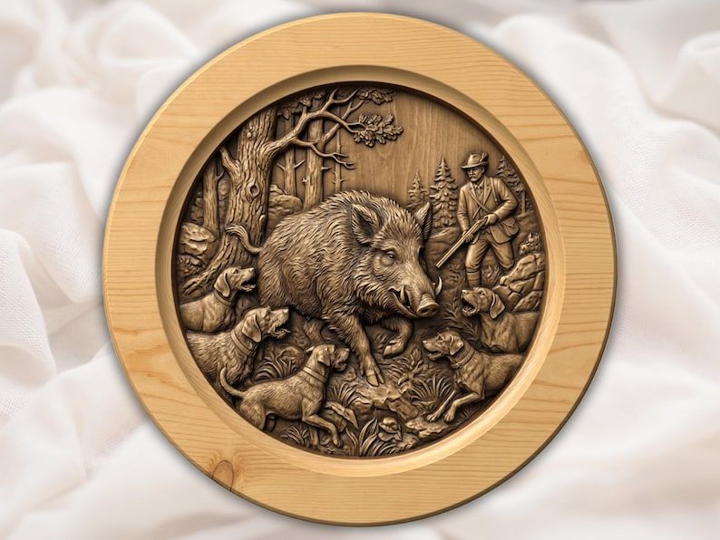 Round wood bas-relief carving of a wild boar charging through forest with hunting dogs and a hunter with a gun.