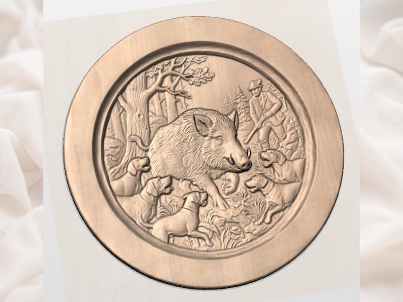 Wild Boar Hunt Round Relief with Dogs and Hunter STL bas-relief STL — view 2