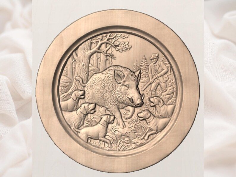 Wild Boar Hunt Round Relief with Dogs and Hunter STL bas-relief STL — view 3