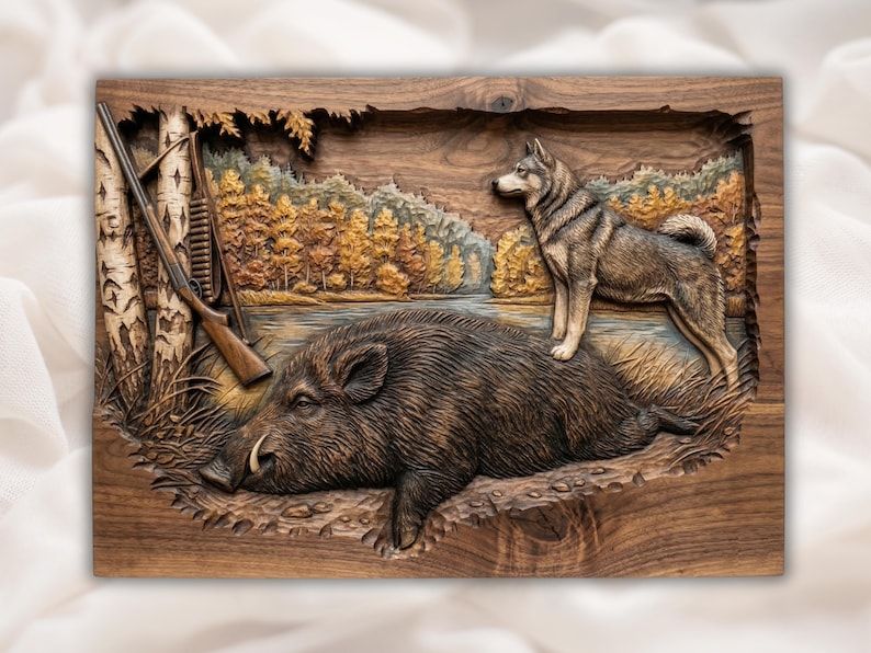 Carved wood relief of a wild boar resting by a lake with a husky and a rifle against birch trees in autumn