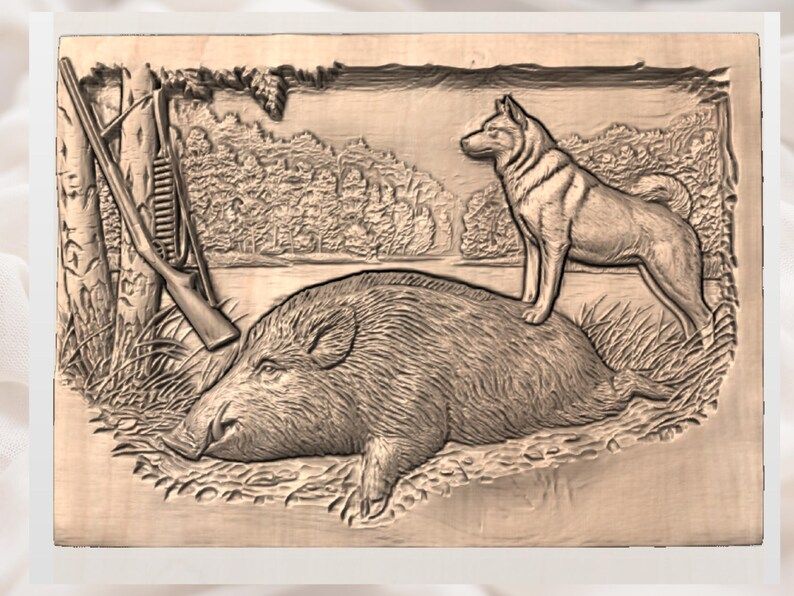 Resting Wild Boar and Husky by the Lake Hunting Scene STL bas-relief STL — view 3