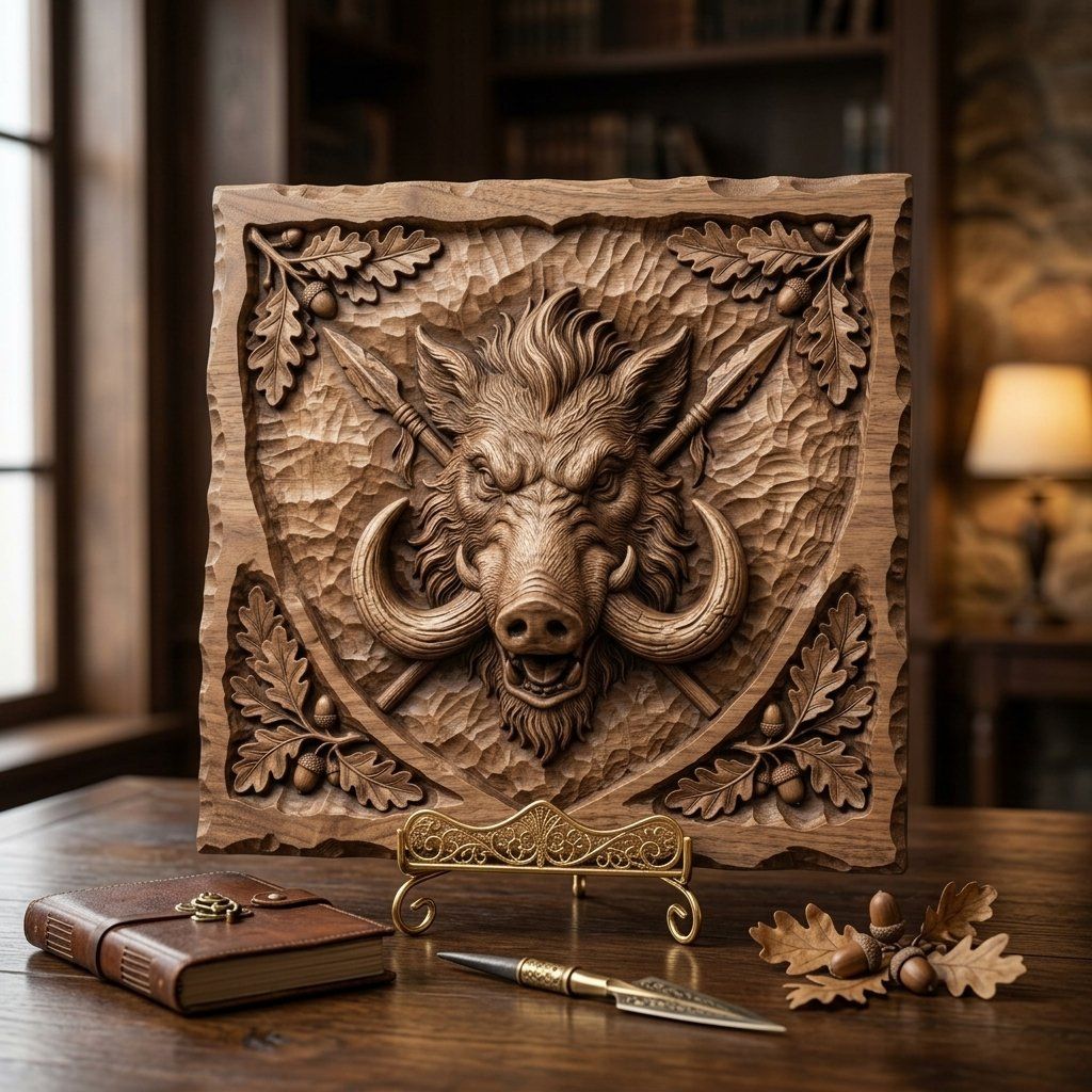 Wild Boar Hunting Trophy Shield CNC Relief STL bas-relief STL — view 4