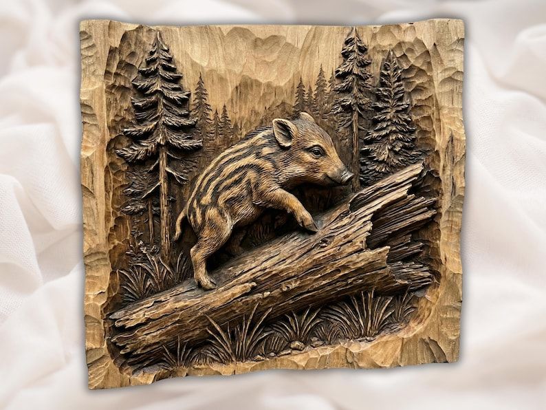 Carved wood relief of a young wild boar climbing a fallen log among tall pine trees in a forest