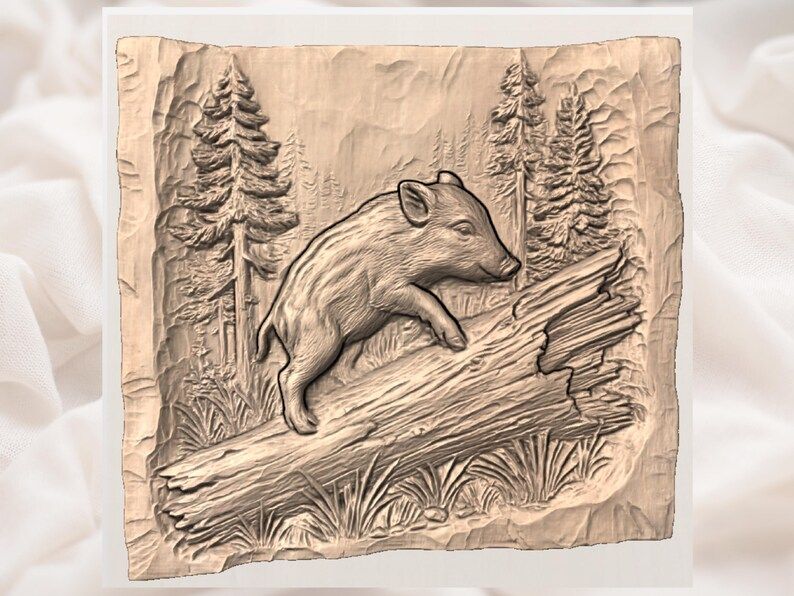 Wild Boar Piglet Climbing a Fallen Log Forest Relief STL bas-relief STL — view 2