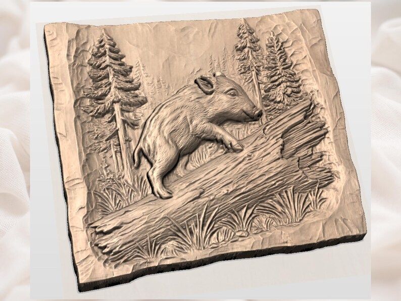 Wild Boar Piglet Climbing a Fallen Log Forest Relief STL bas-relief STL — view 3