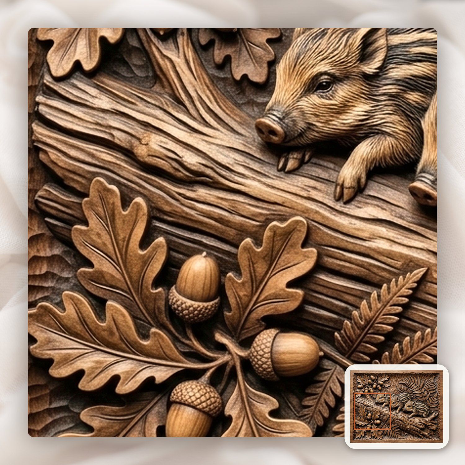 Wild Boar Piglets Oak Forest Scene CNC Relief STL bas-relief STL — view 12