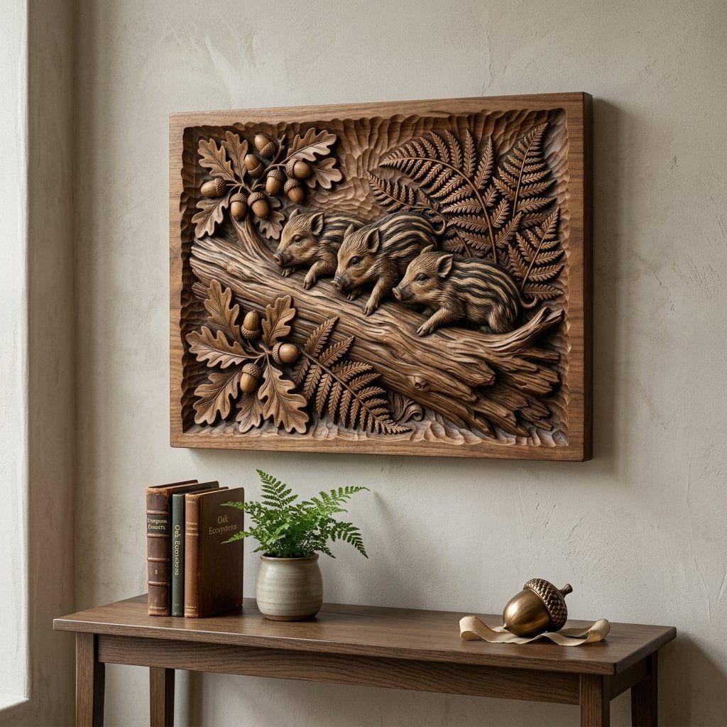 Wild Boar Piglets Oak Forest Scene CNC Relief STL bas-relief STL — view 13