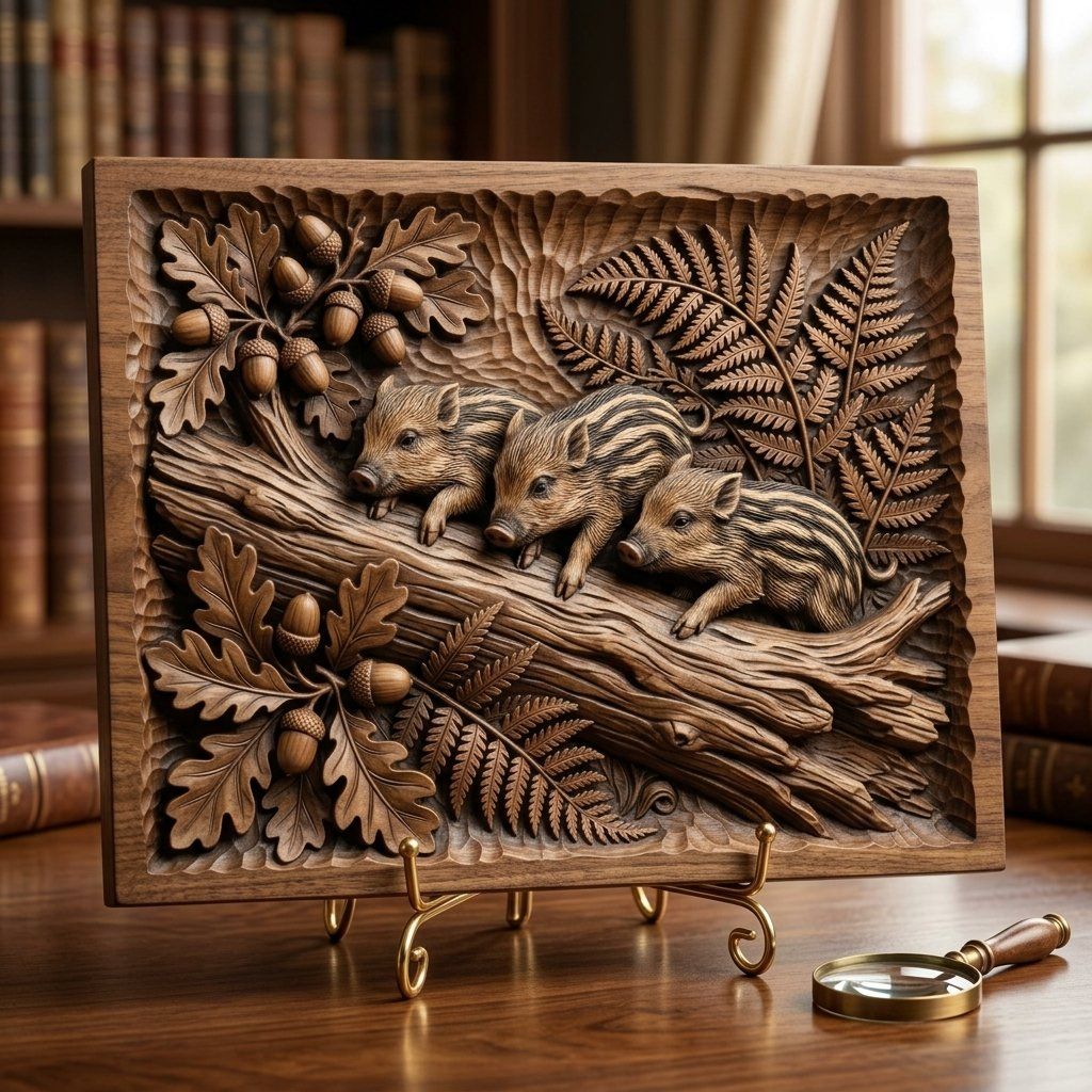 Wild Boar Piglets Oak Forest Scene CNC Relief STL bas-relief STL — view 6