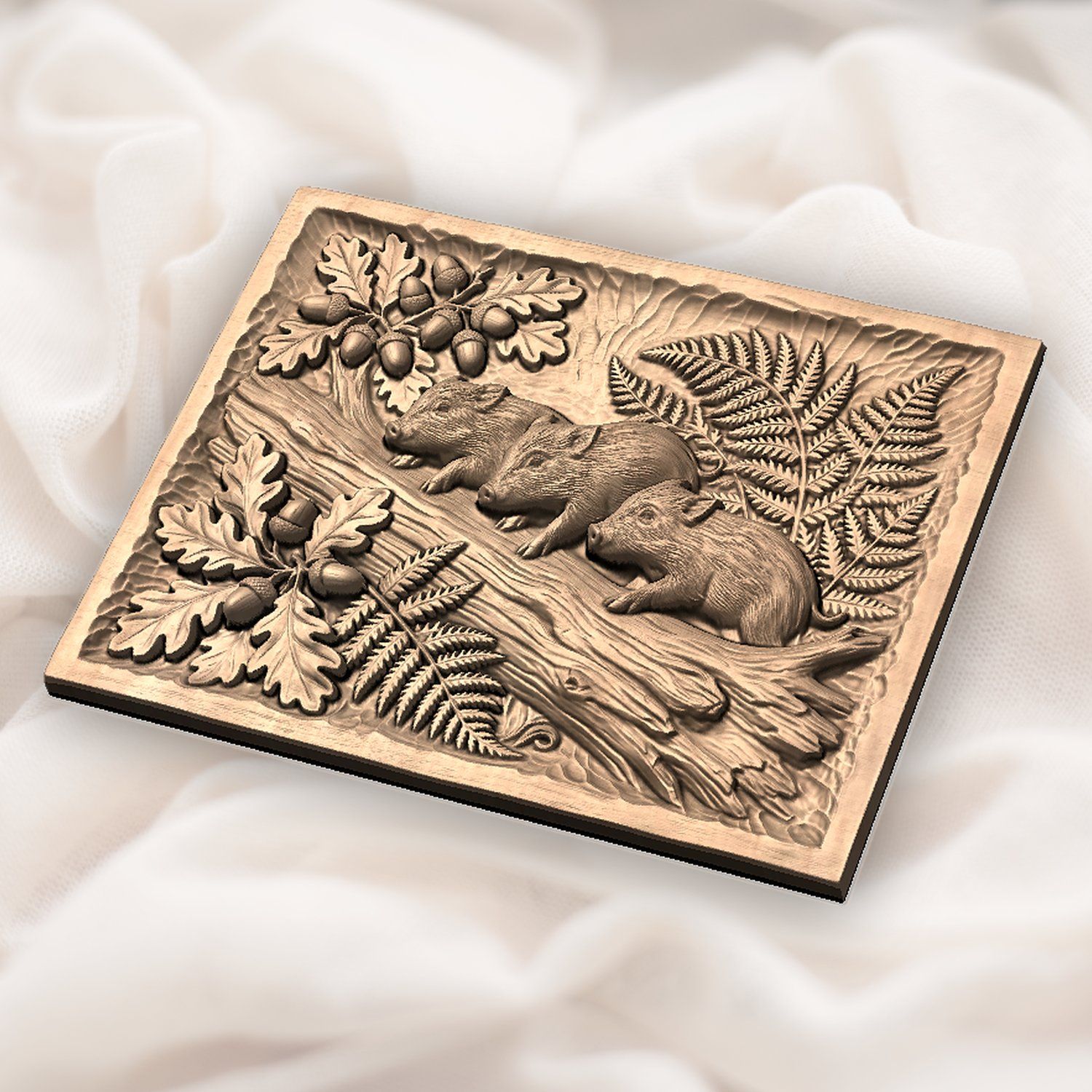 Wild Boar Piglets Oak Forest Scene CNC Relief STL bas-relief STL — view 4