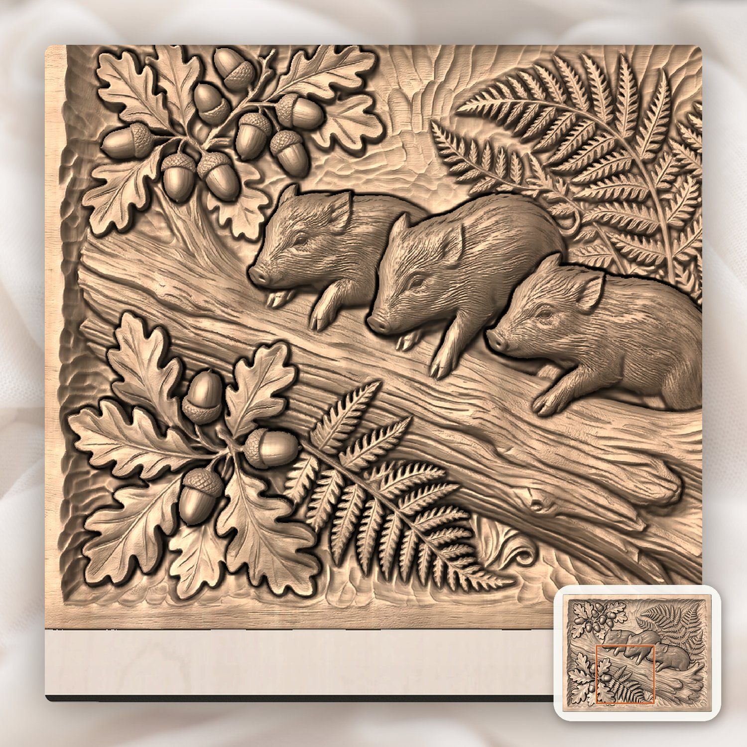 Wild Boar Piglets Oak Forest Scene CNC Relief STL bas-relief STL — view 5