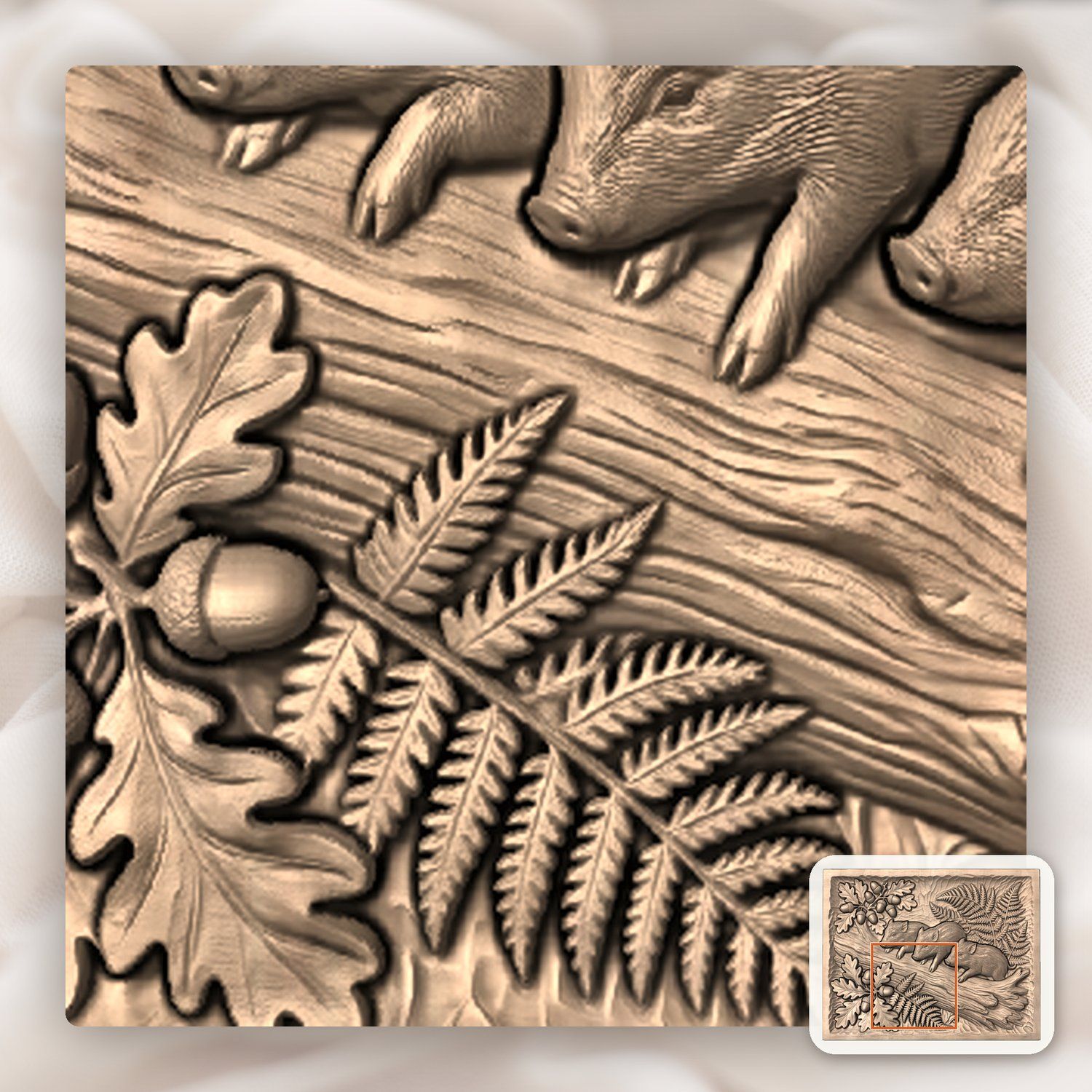 Wild Boar Piglets Oak Forest Scene CNC Relief STL bas-relief STL — view 7