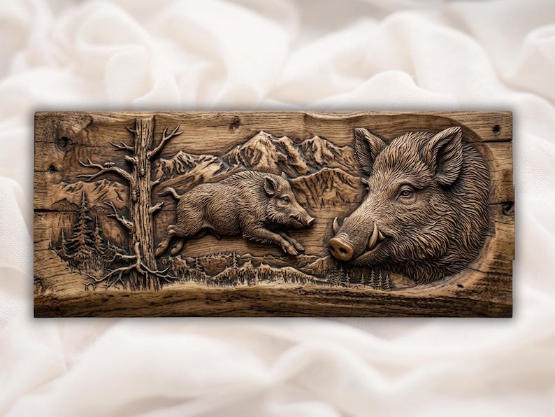Carved wood relief of a charging wild boar and a large boar head with mountains and pine forest behind.