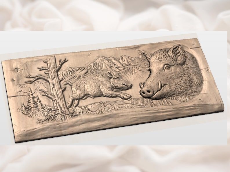 Charging Wild Boar and Mountain Portrait Relief STL bas-relief STL — view 2