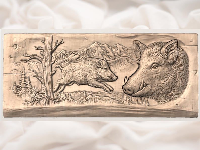 Charging Wild Boar and Mountain Portrait Relief STL bas-relief STL — view 3