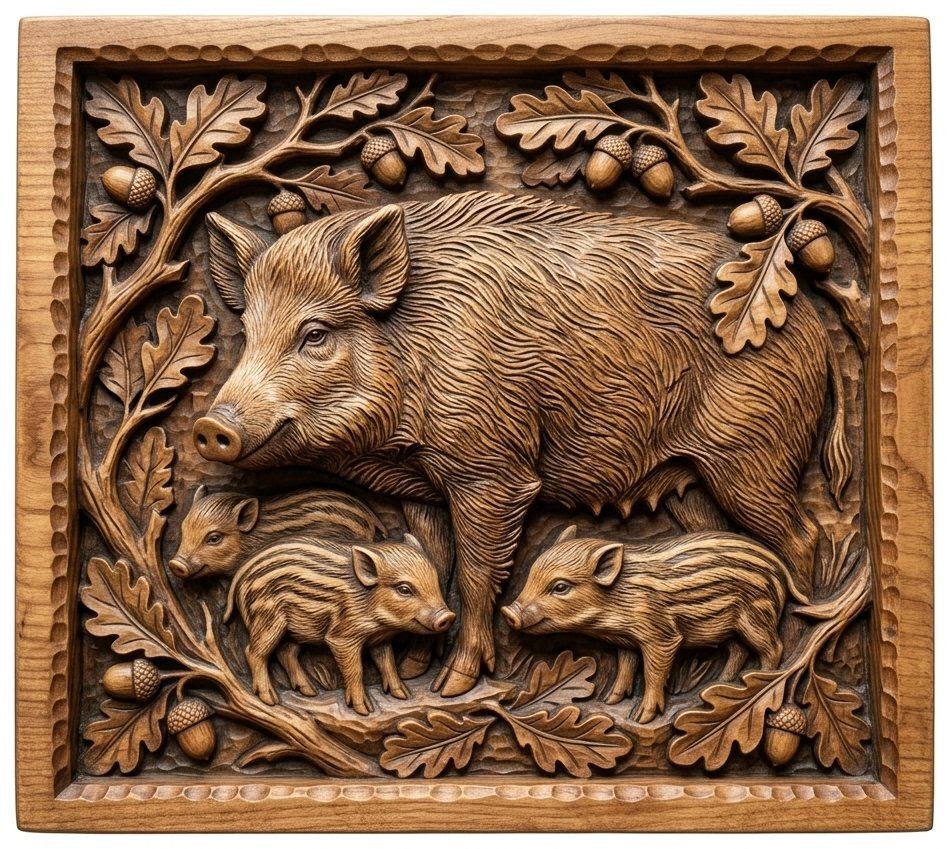 Wild Boar Sow and Piglets CNC Relief STL bas-relief STL — view 2