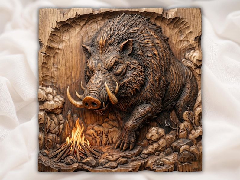 Carved wood relief of a tusked wild boar standing beside a small campfire among rocks and branches