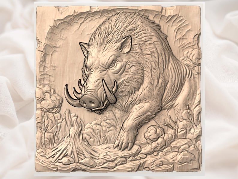Wild Boar by the Campfire 3D Relief STL for CNC and Laser bas-relief STL — view 2