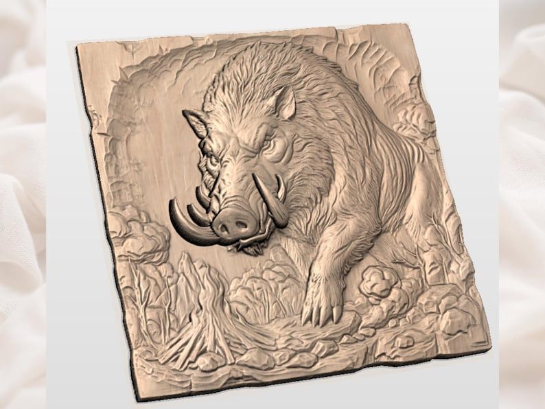 Wild Boar by the Campfire 3D Relief STL for CNC and Laser bas-relief STL — view 3