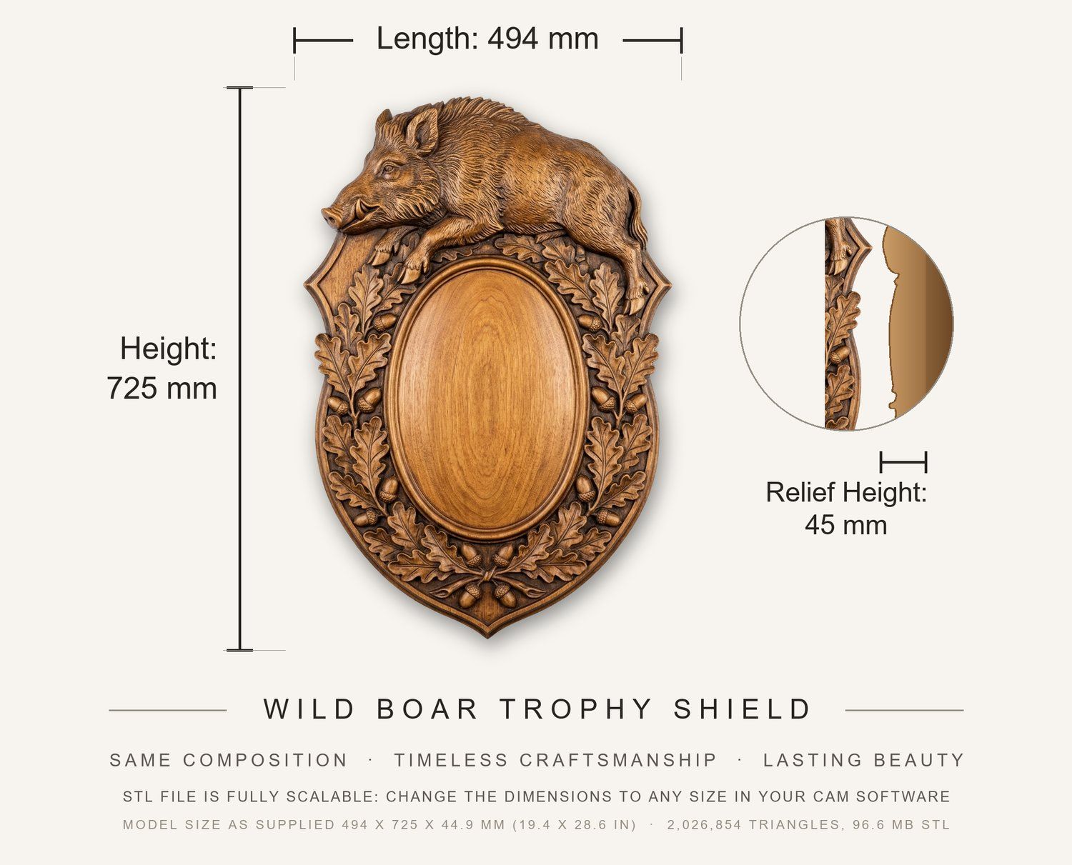 Wild Boar Trophy Shield CNC Relief STL bas-relief STL — view 3