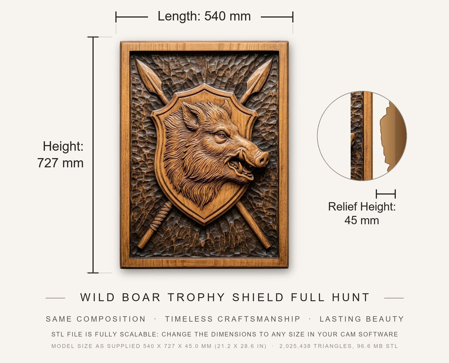 Wild Boar Trophy Shield Full Hunt CNC Relief STL bas-relief STL — view 3