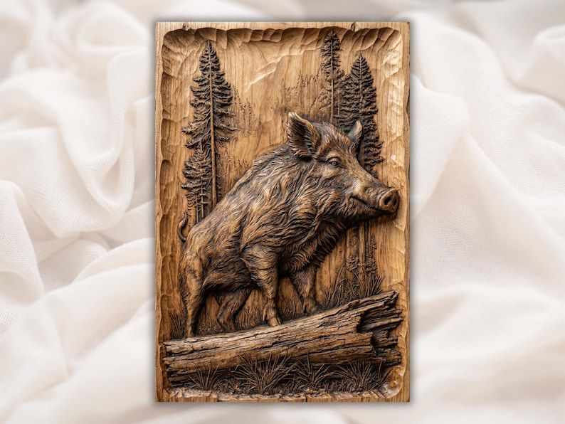 Carved wood bas-relief of a wild boar standing by a fallen log with pine trees behind it