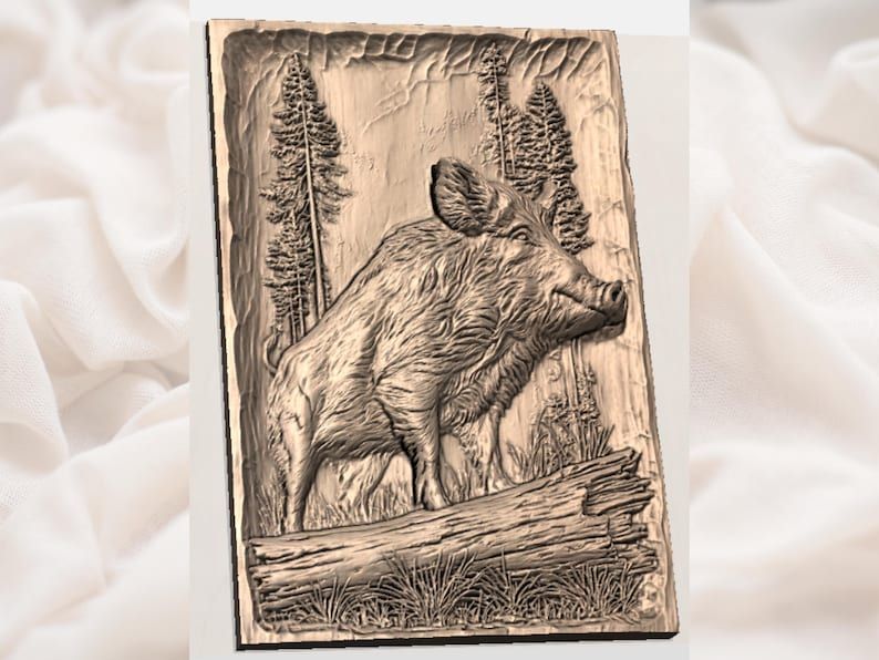 Wild Boar in the Pines Bas-Relief STL for CNC Carving bas-relief STL — view 2