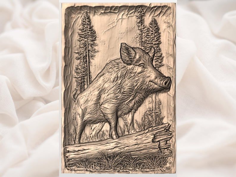 Wild Boar in the Pines Bas-Relief STL for CNC Carving bas-relief STL — view 3
