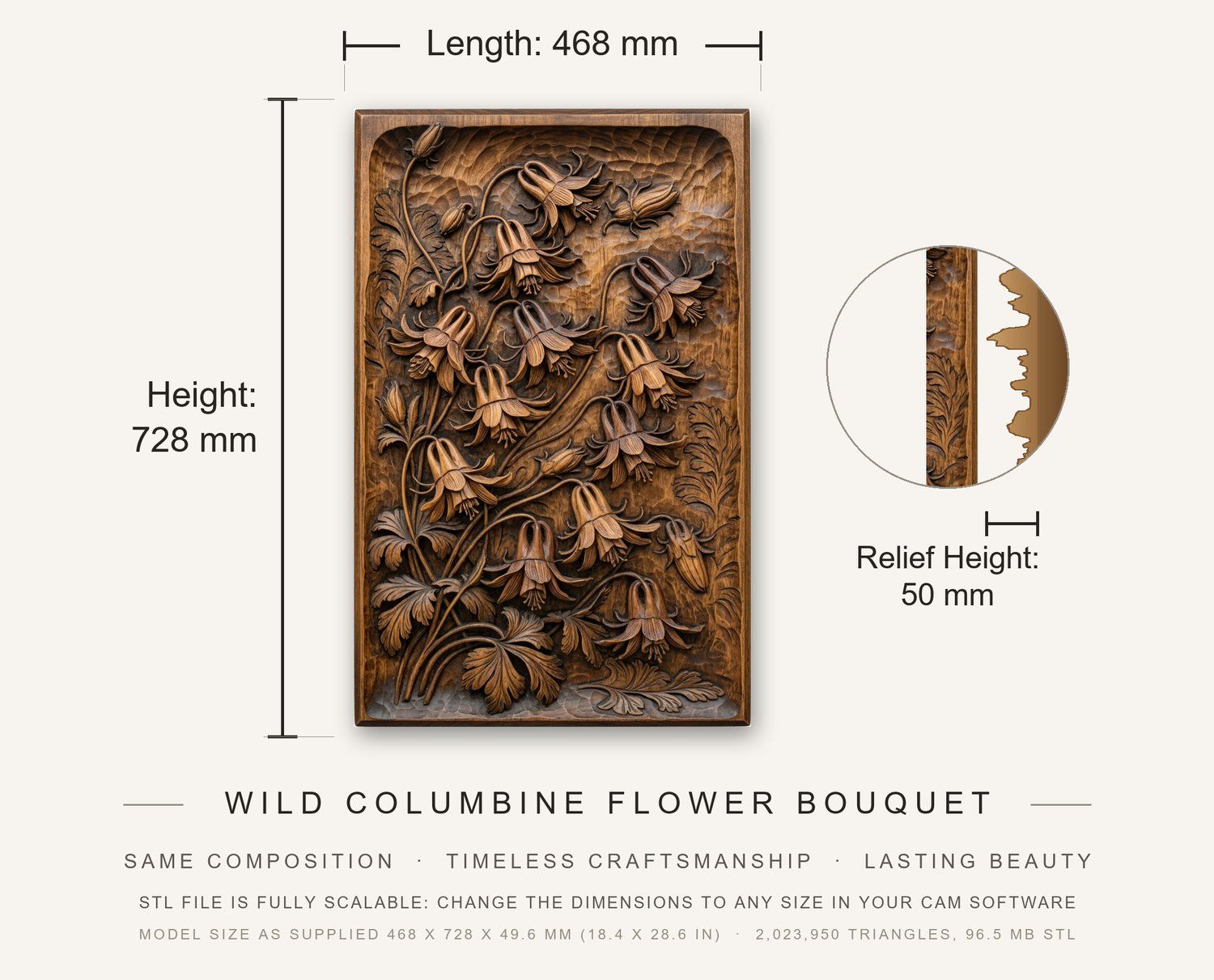 Wild Columbine Flower Bouquet CNC Relief STL bas-relief STL — view 3