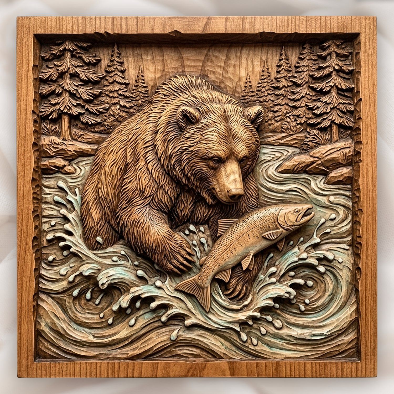Wild Grizzly Bear Catching Salmon CNC Relief STL bas-relief STL design